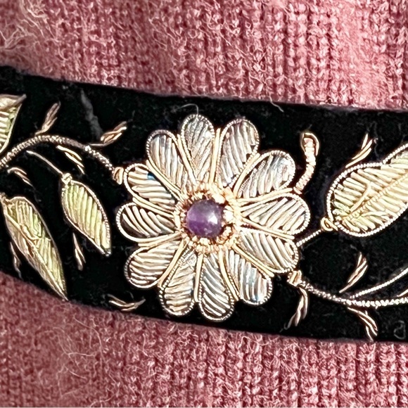 Vintage Hand Crafted Artsy Boho Black Floral Zardozi Velvet Waist Belt SZ OSFM main image 6